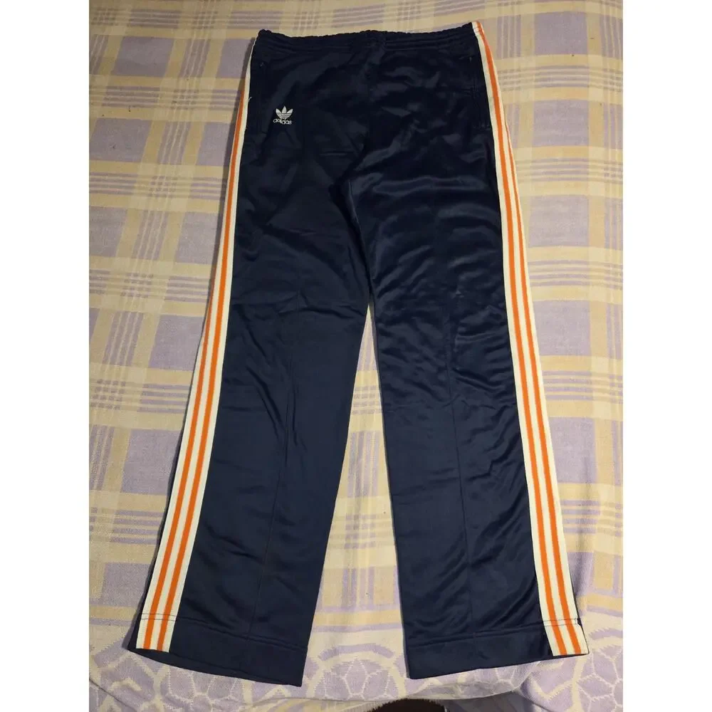 Vintage 70s Adidas Track Pants USA Made Blue Orange Pleated Large Trefoil Warmup